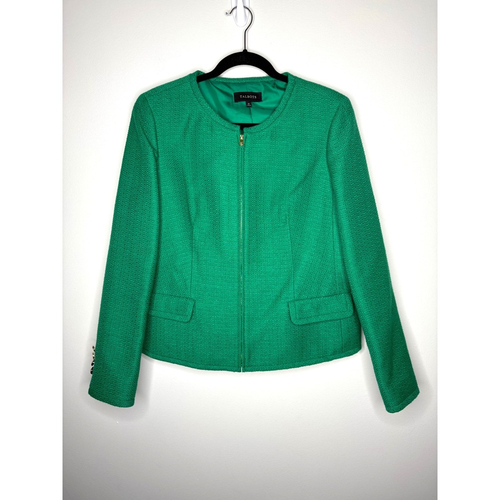 Talbots Women's Emerald Green Textured Blazer Jacket Gold Button Accents Size 10